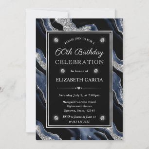 Convite Elegante Ágata Brilho Azul e Prata para 60º Aniver
