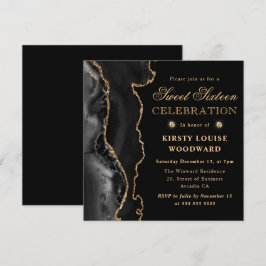 Convite Elegante Agata Brilho Preto e Dourado Sweet Sixtee