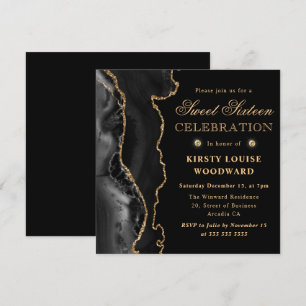 Convite Elegante Agata Brilho Preto e Dourado Sweet Sixtee