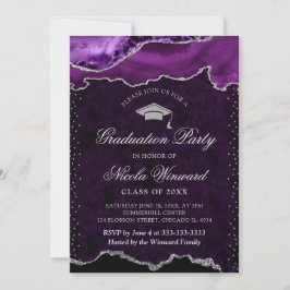 Convite Elegante Ágata Mármore Roxo e Prata Graduação