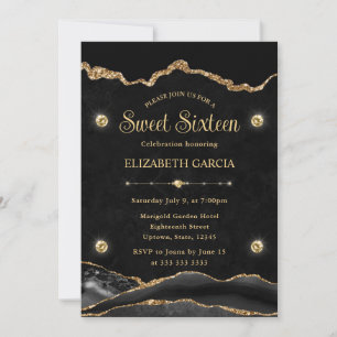 Convite Elegante Ágata Preta e Dourada com Brilho Sweet Si