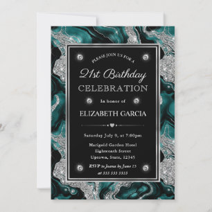 Convite Elegante Ágata Teal e Prata Aniversário de 21 anos