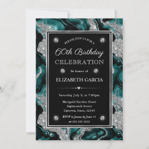 Convite Elegante Ágata Teal e Prata Aniversário de 60 anos