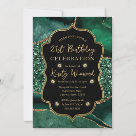 Convite Elegante Ágata Verde e Dourado Brilhante Aniversár