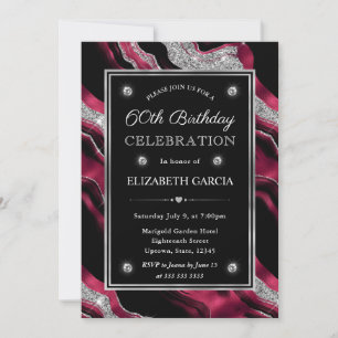 Convite Elegante Ágata Vermelha e Prata Glitter Aniversári