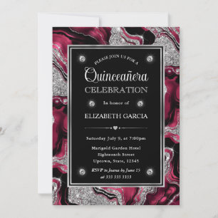 Convite Elegante Agata Vermelha e Prata Quinceanera Brilha