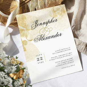 Convite Elegante Água-Forte Abstrata Casamento Dourado