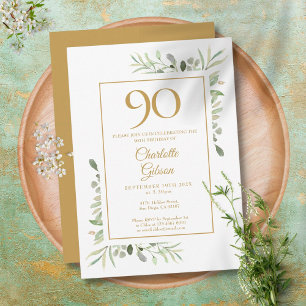 Convite Elegante Água-forte Dourada Folhagem 90º Aniversár