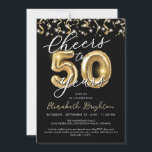 Convite Elegante Alegria a 50 Anos de Script Balão Confett<br><div class="desc">Comemora 50 anos com esses elegantes e festivos convites de festas pretos e de ouro com o título CHEERS TO 50 anos em números falsos de balões metálicos de ouro e tipografia moderna de escrita com galerias de ouro e luzes de confete e brancas. ASSISTÊNCIA: Para obter ajuda com a...</div>
