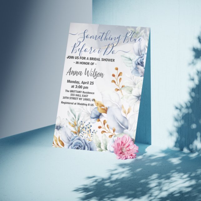 Convite elegante Algo Azul Antes de Eu Fazer chá de bebê (Something Blue Before I do bridal shower elegant watercolor flowers bride to be elegant calligraphy )