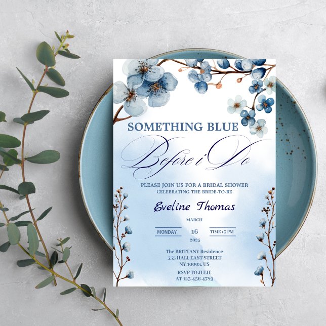 Convite Elegante Algo Azul Antes de Eu Fazer Chá de Bebê d ( Something Blue Before I Do Bridal shower blue white watercolor typography victorian luncheon brunch)