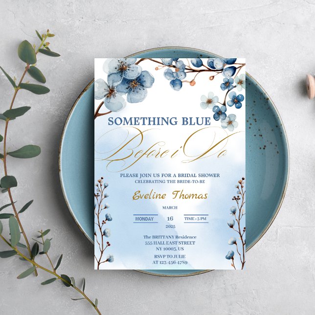 Convite Elegante Algo Azul Antes de Eu Fazer Chá de Bebê d (Elegant Something Blue Before I Do Bridal Shower watercolor navy blue gold chic elegant her bride )