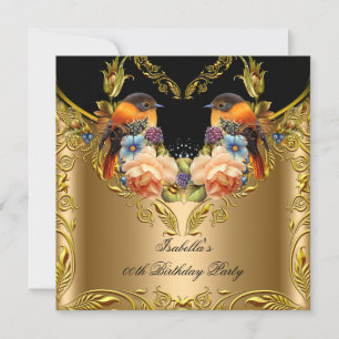 Convite Elegante Amarelo Dourado Pássaro Preto Festa de An