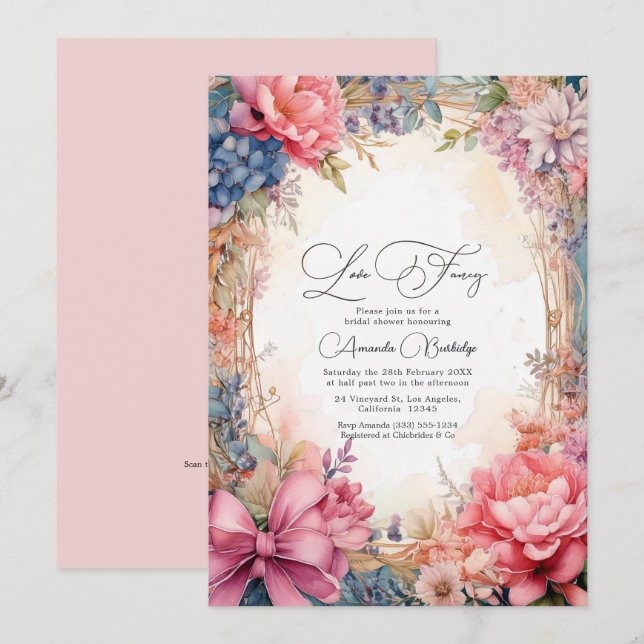Convite Elegante Amor Fancy Floral Chá de Noiva Código QR (Frente/Verso)