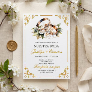 Convite Elegante Anel Floral Branco Casamento Espanhol