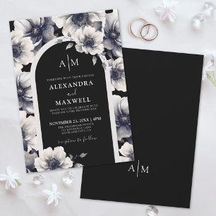 Convite Elegante Anêmona Floral Preto Branco Casamento