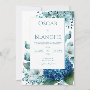 Convite Elegante Anêmona Hortênsia Azul Aquarela Casamento