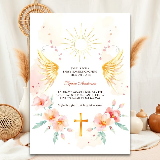 Convite Elegante Angel Wings Christian Cross Chá de fralda (Elegant Angel Wings Christian Cross Baby Shower Invitation)