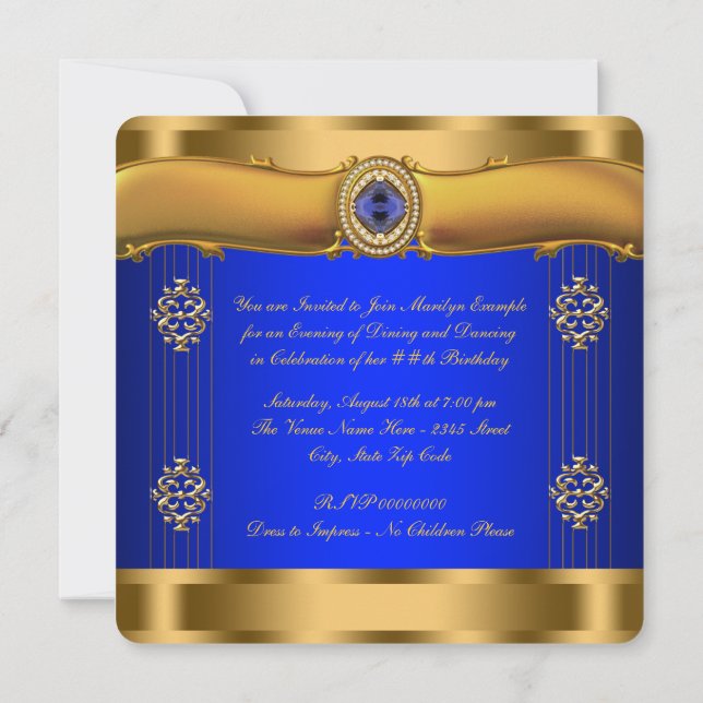 Convite Elegante Aniversário Azul Real e Dourado (Verso)