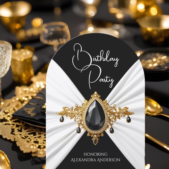 Convite Elegante Aniversário Branco Dourado Seda de Joia N (Criador carregado)