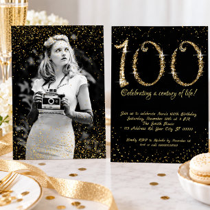 Convite Elegante Aniversário de 100 anos Preto e Dourado B