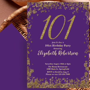 Convite Elegante Aniversário de 101 anos Roxo e Dourado
