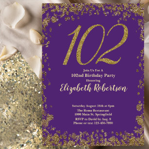 Convite Elegante Aniversário de 102 anos em Roxo e Dourado