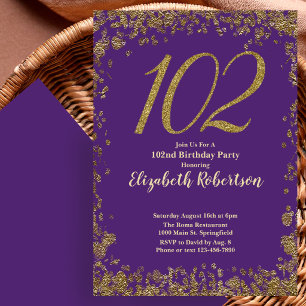 Convite Elegante Aniversário de 102 anos em Roxo e Dourado