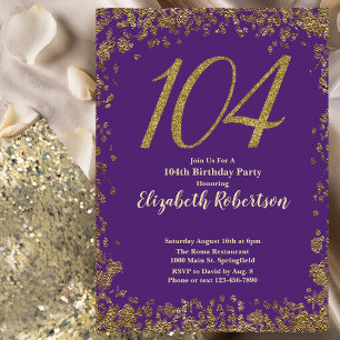 Convite Elegante Aniversário de 104 anos Roxo e Dourado
