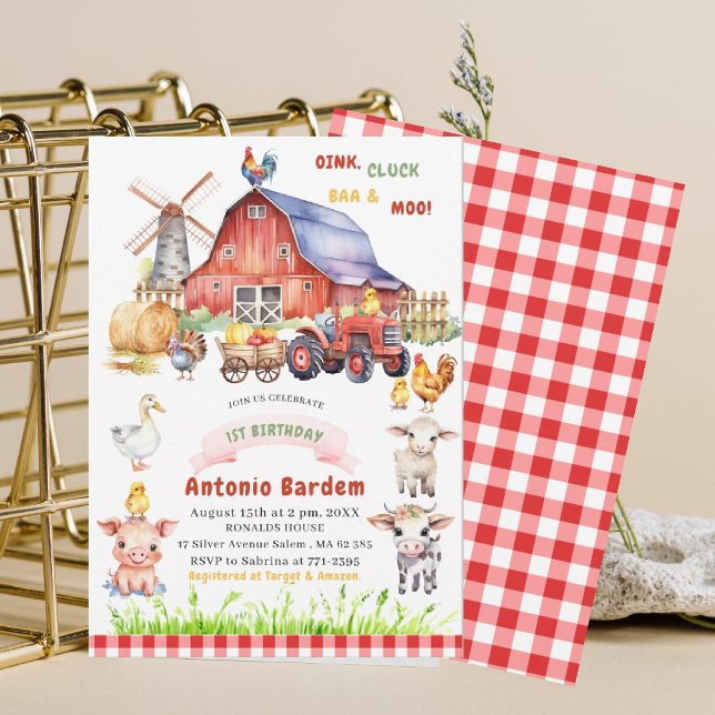Convite Elegante Aniversário de 1 ano do Bebê da Fazenda e (Criador carregado)