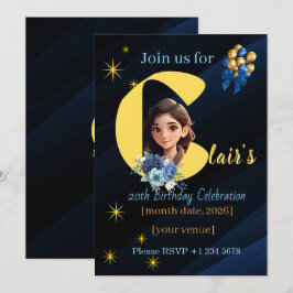 Convite Elegante Aniversário de 20 anos Azul Real e Dourad