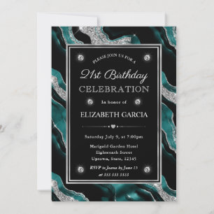 Convite Elegante Aniversário de 21 anos em Ágata Verde-azu