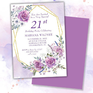 Convite Elegante Aniversário de 21 anos Floral Roxo em Aqu