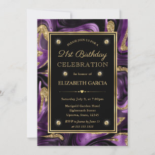 Convite Elegante Aniversário de 21 anos Roxo Dourado Brilh