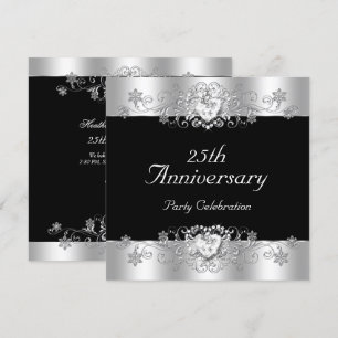 Convite Elegante Aniversário de 25 Anos Preto Prata Branco