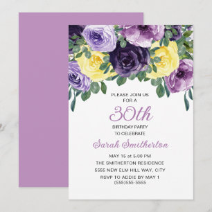 Convite Elegante Aniversário de 30 anos Floral Roxo Amarel