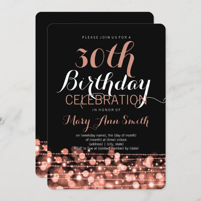 Convite Elegante aniversário de 30 anos lança Rosa Dourado (Frente/Verso)