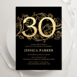 Convite Elegante aniversário de 30 anos preto Dourado<br><div class="desc">Convite de festas aniversário de 30 anos preto de ouro elegante. Design feminina moderna personalizável, com sotaques botânicos rosas e ouro brilhante falso. Simples cartão de convite floral perfeito para uma comemoração de um na moda. Personalize com seus próprios detalhes. Impressos convites Zazzle ou modelo de impressão digital instantânea para...</div>