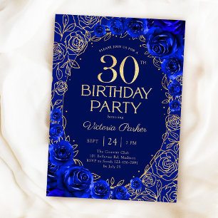 Convite Elegante Aniversário de 30 anos Royal Azul Dourado