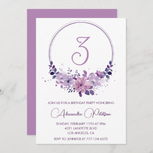 Convite Elegante aniversário de 3 anos: Roxo Floral