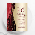 Convite Elegante aniversário de 40 anos de Agata Vermelha<br><div class="desc">Vermelho vermelho escuro e convite de festas de ouro agata. Elegante design moderno com fundo de geode de mármore agate, fonte falsa de ouro brilhante e script de tipografia. Trendy convida o cartão perfeito para uma comemoração de dia das mulheres na moda. Impressos convites Zazzle ou modelo de impressão digital...</div>