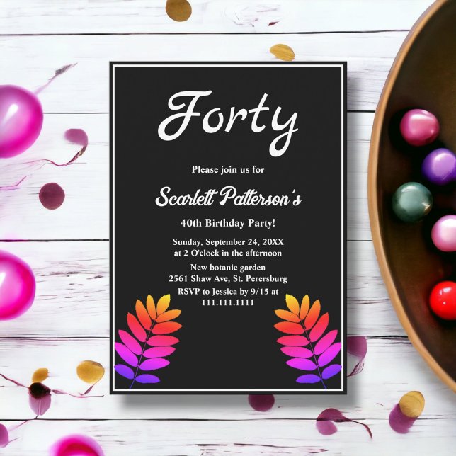Convite Elegante aniversário de 40 anos De Folhas De Brilh (Criador carregado)