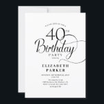 Convite Elegante aniversário de 40 anos de Script Branco P<br><div class="desc">Convite de festas branco preto elegante. Design elegante com fonte de script de tipografia. Trendy convida o cartão perfeito para uma comemoração de na moda. Pode ser personalizado para qualquer idade. Impressos convites Zazzle ou modelo de impressão digital instantânea para download.</div>