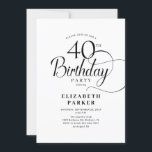Convite Elegante aniversário de 40 anos de Script Branco P<br><div class="desc">Convite de festas branco preto elegante. Design elegante com fonte de script de tipografia. Trendy convida o cartão perfeito para uma comemoração de na moda. Pode ser personalizado para qualquer idade. Impressos convites Zazzle ou modelo de impressão digital instantânea para download.</div>