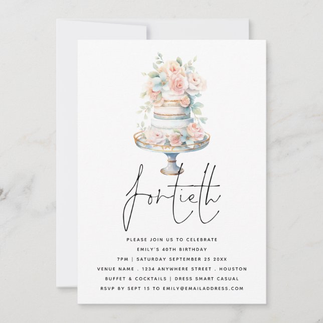 Convite Elegante - aniversário de 40 anos de Script Pink P (Frente)