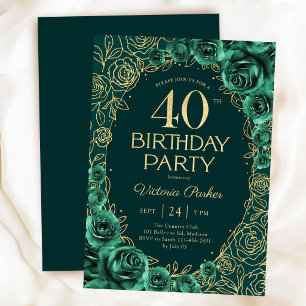 Convite Elegante Aniversário de 40 anos Floral Esmeralda V