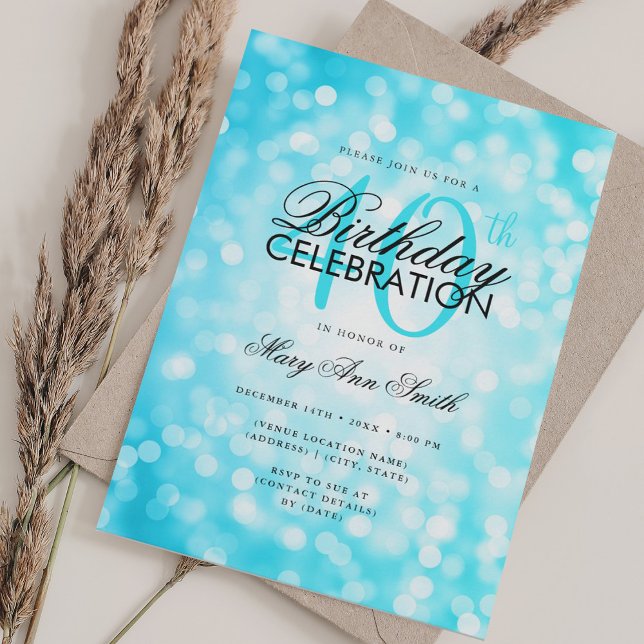 Convite Elegante aniversário de 40 anos Glam Turquoise Bri (Elegant 40th Birthday Glam Turquoise Shimmer Light Invitation)