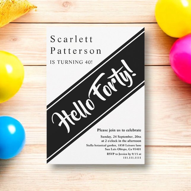 Convite Elegante aniversário de 40 anos Moderno Branco E P (Criador carregado)