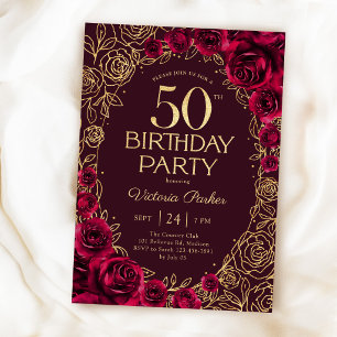 Convite Elegante Aniversário de 50 anos em Burgundy Dourad