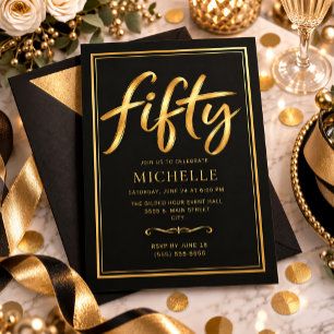 Convite Elegante Aniversário de 50 anos em Preto e Dourado